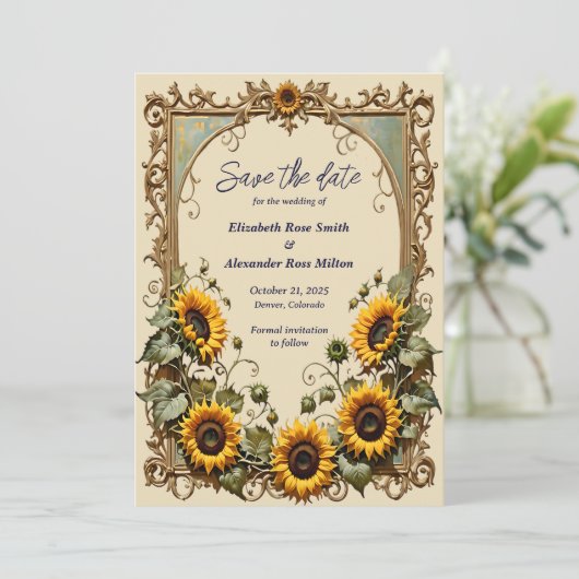 Gele zonnebloem met kunst bruiloft lijst save the date (Staand voorkant)