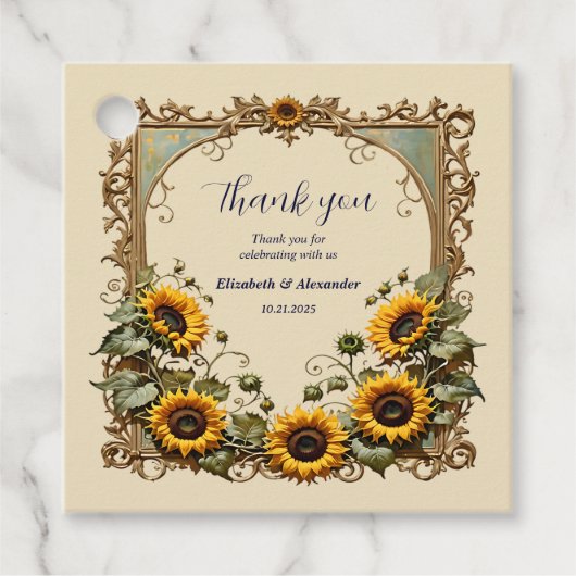 Gele zonnebloem met kunst lijst bruiloft bedankjes labels (Voorkant)
