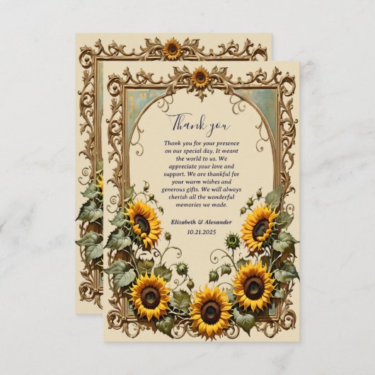 Gele zonnebloem met kunst lijst bruiloft bedankkaart (Voorkant / Achterkant)