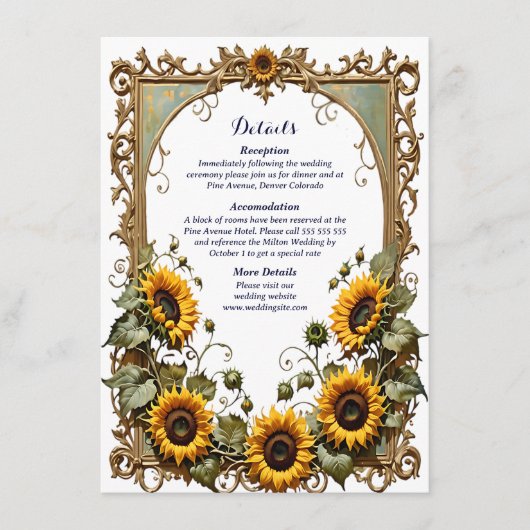 Gele zonnebloem met kunst lijst bruiloft Informatiekaartje (Voorkant)