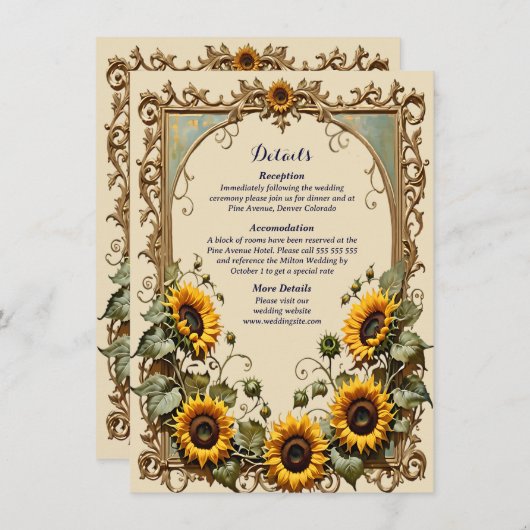 Gele zonnebloem met kunst lijst bruiloft informatiekaartje (Voorkant / Achterkant)