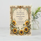 Gele zonnebloem met kunst lijst bruiloft kaart (Staand voorkant)