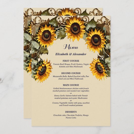 Gele zonnebloem met kunst lijst bruiloft menu (Voorkant / Achterkant)