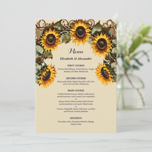 Gele zonnebloem met kunst lijst bruiloft menu (Staand voorkant)