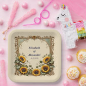 Gele zonnebloem met kunst lijst bruiloft papieren bordje (Feest)