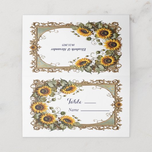  Gele zonnebloem met kunst lijst bruiloft Plaatskaartje (Buitenkant ongevouwen)
