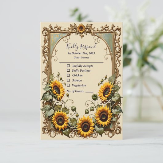 Gele zonnebloem met kunst lijst bruiloft RSVP Kaartje (Staand voorkant)