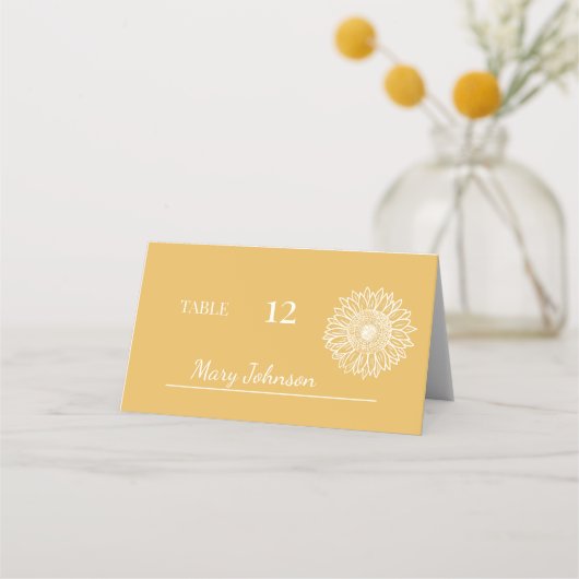 Gele Zonnebloem Minimalistische Bloemen Bruiloft Plaatskaartje (Voorkant)
