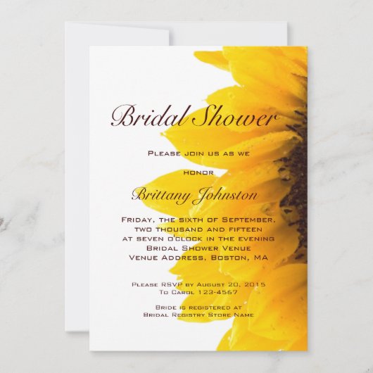 Gele zonnebloem Modern Bridal Shower Invitation Kaart (Voorkant)