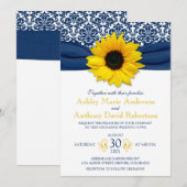 Gele zonnebloem Navy Blue Damask Ribbon Wedding Kaart (Voorkant / Achterkant)