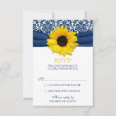 Gele Zonnebloem Navy Damask Ribbon Wedding RSVP (Voorkant)
