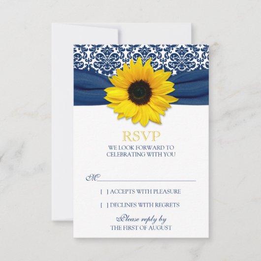 Gele Zonnebloem Navy Damask Ribbon Wedding RSVP (Voorkant)