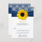 Gele Zonnebloem Navy Damask Ribbon Wedding RSVP (Voorkant / Achterkant)