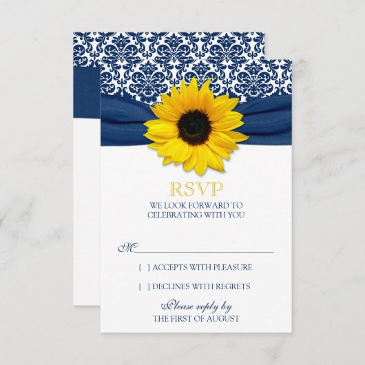 Gele Zonnebloem Navy Damask Ribbon Wedding RSVP (Voorkant / Achterkant)