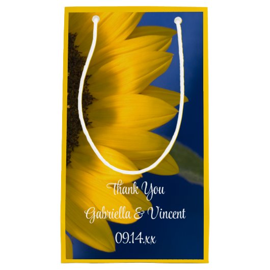 Gele zonnebloem op blauw Dank je huwelijk Klein Cadeauzakje (Voorkant)