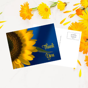 Gele zonnebloem op blauw Dank u Briefkaart