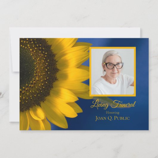 Gele Zonnebloem op Blauw Levende Begrafenisfeest Kaart (Voorkant)