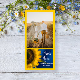 Gele zonnebloem op blauwe bruiloft Foto Bedankkaart