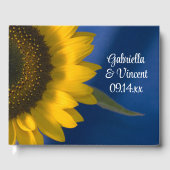 Gele zonnebloem op blauwe bruiloft gastenboek (Voorkant)