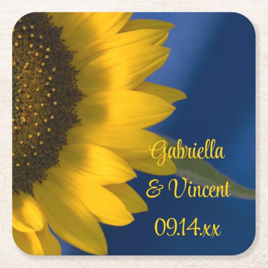 Gele zonnebloem op blauwe bruiloft kartonnen onderzetters (Voorkant)