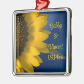 Gele zonnebloem op blauwe bruiloft metalen ornament (Links)