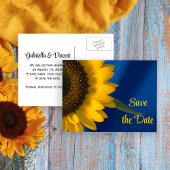Gele zonnebloem op blauwe bruiloft Save the Date Aankondigingskaart