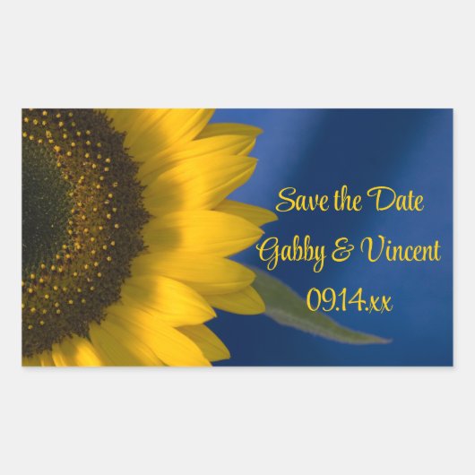 Gele zonnebloem op blauwe bruiloft Save the Date Rechthoekige Sticker (Voorkant)