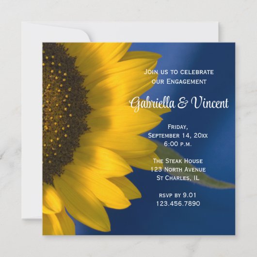 Gele zonnebloem op Blue Engagement Party Kaart (Voorkant)