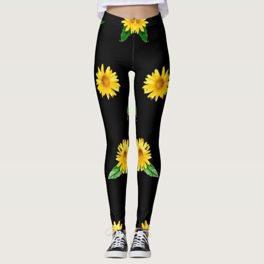 Gele zonnebloem op donkerzwarte achtergrond leggings (Voorkant)