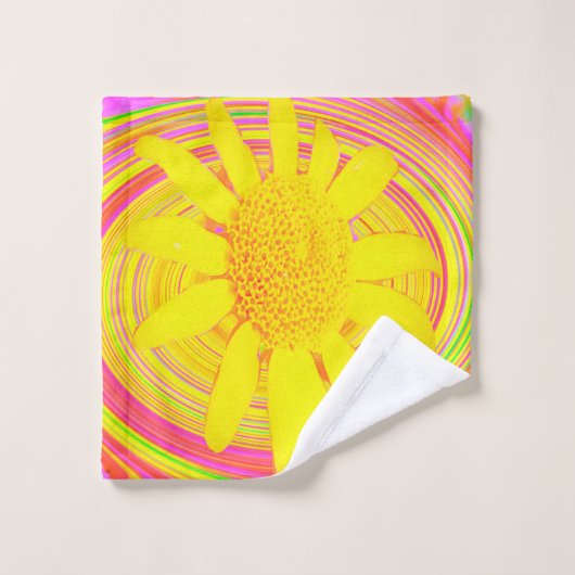 Gele zonnebloem op een Psychedelic Swirl Bad Handdoek (Wasdoekje)