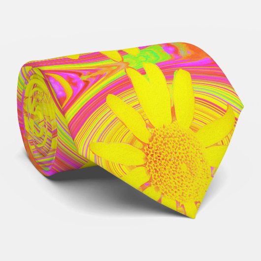 Gele zonnebloem op een Psychedelic Swirl Stropdas (Opgerold)