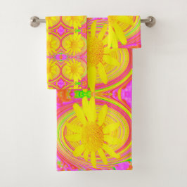 Gele Zonnebloem op een Psychedelische Draaikolk Bad Handdoek