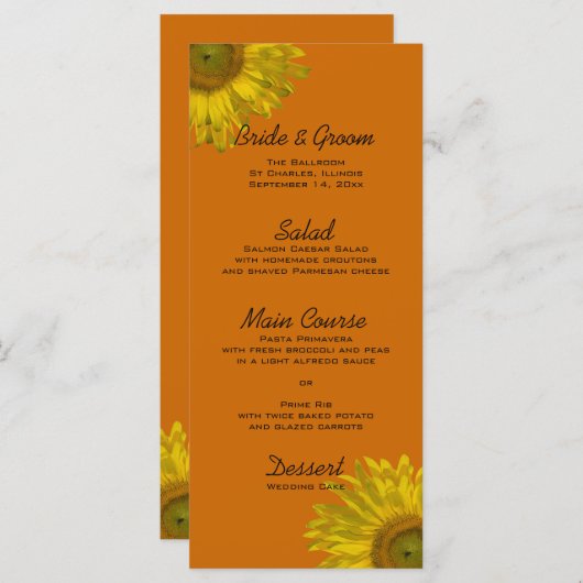 Gele zonnebloem op het Oranje Weddenschap Menu (Voorkant / Achterkant)