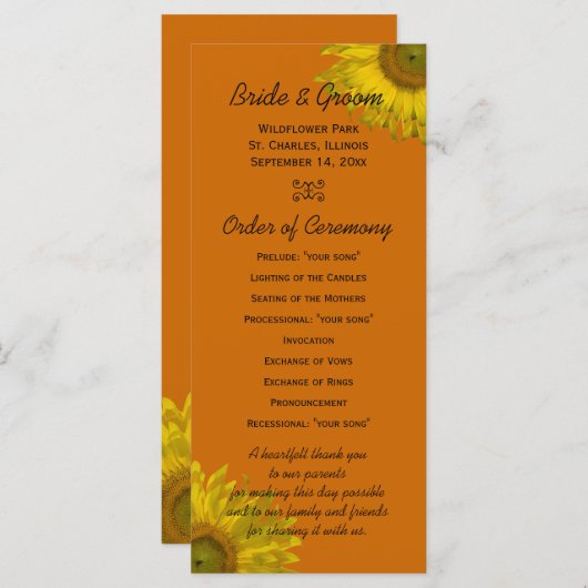 Gele zonnebloem op het Oranje weddenschapsprogramm Programmakaart (Voorkant / Achterkant)