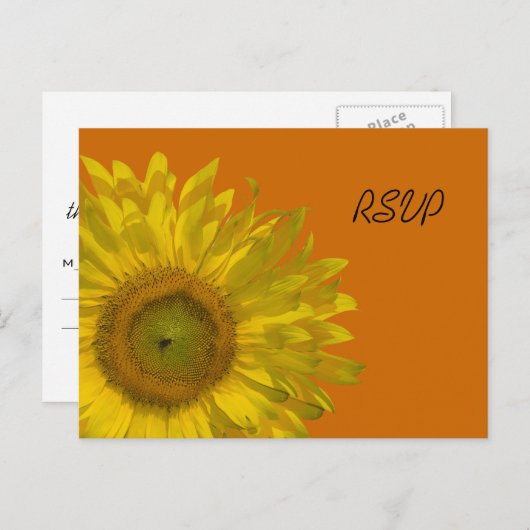 Gele zonnebloem op Oranje bruiloft RSVP-respons Uitnodiging Briefkaart (Voorkant / Achterkant)