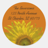Gele zonnebloem op Oranje retouradres Ronde Sticker (Voorkant)