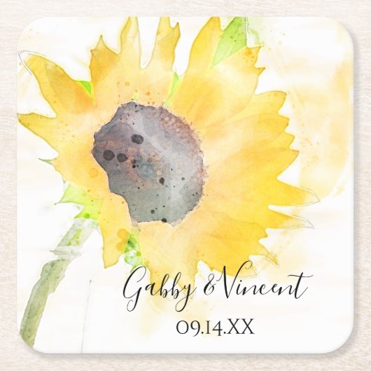 Gele zonnebloem op witte Waterverf bruiloft Kartonnen Onderzetters (Voorkant)