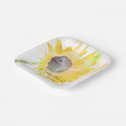 Gele zonnebloem op witte Waterverf bruiloft Papieren Bordje (Gebogen)