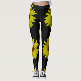 Gele zonnebloem op zwarte achtergrond leggings