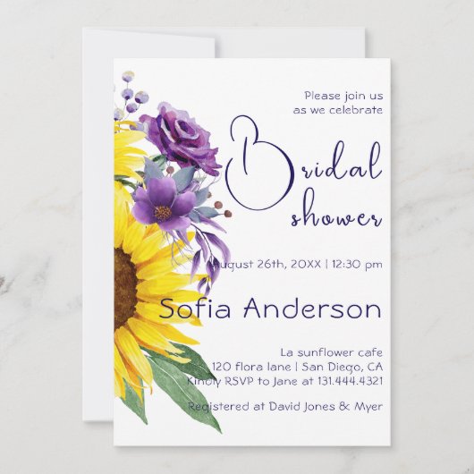 Gele zonnebloem paarse wilde bloem waterverf kaart (Voorkant)