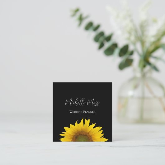 Gele Zonnebloem QR code Modern Zwart Vierkante Visitekaartje (Staand voorkant)