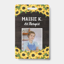 Gele Zonnebloem & Rustieke Donkere Houten Foto Badge