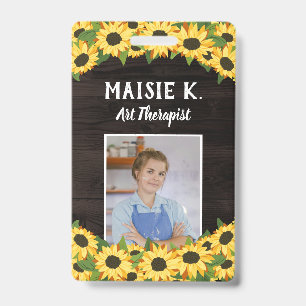 Gele Zonnebloem & Rustieke Donkere Houten Foto Badge