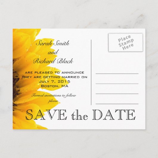 Gele Zonnebloem Save the Date Briefkaart (Achterkant)