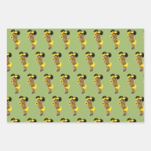 Gele zonnebloem |Schattig etnisch meisje | Bloemen Inpakpapier Vel (Voorkant 2)