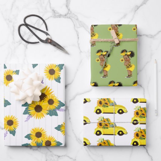 Gele zonnebloem |Schattig etnisch meisje | Bloemen Inpakpapier Vel (Voorkant)