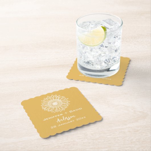 Gele Zonnebloem Schets Gepersonaliseerde Bruiloft Kartonnen Onderzetters (Insitu)