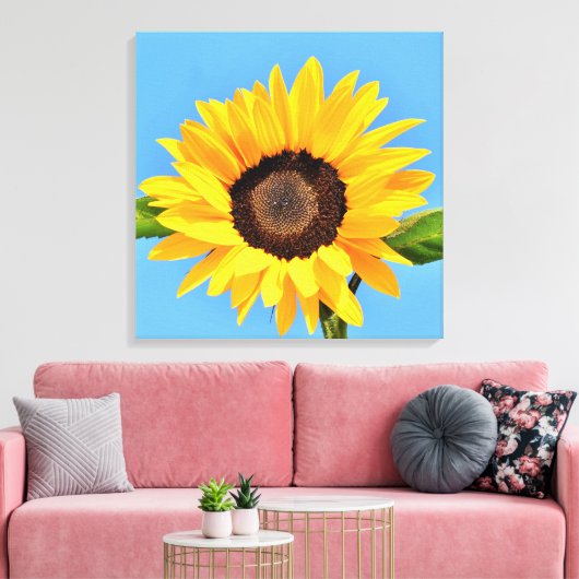 Gele zonnebloem tegen zon op blauwe hemel - zomer canvas afdruk (Insitu (Woonkamer))