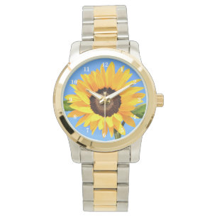 Gele zonnebloem tegen zon op blauwe hemel - zomer horloge