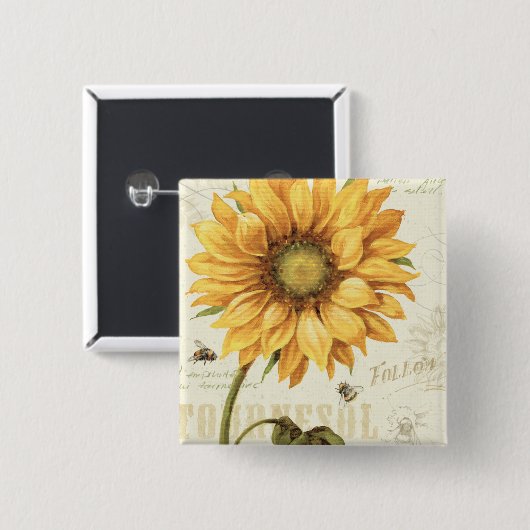 Gele zonnebloem vierkante button 5,1 cm (Voorkant /achterkant)